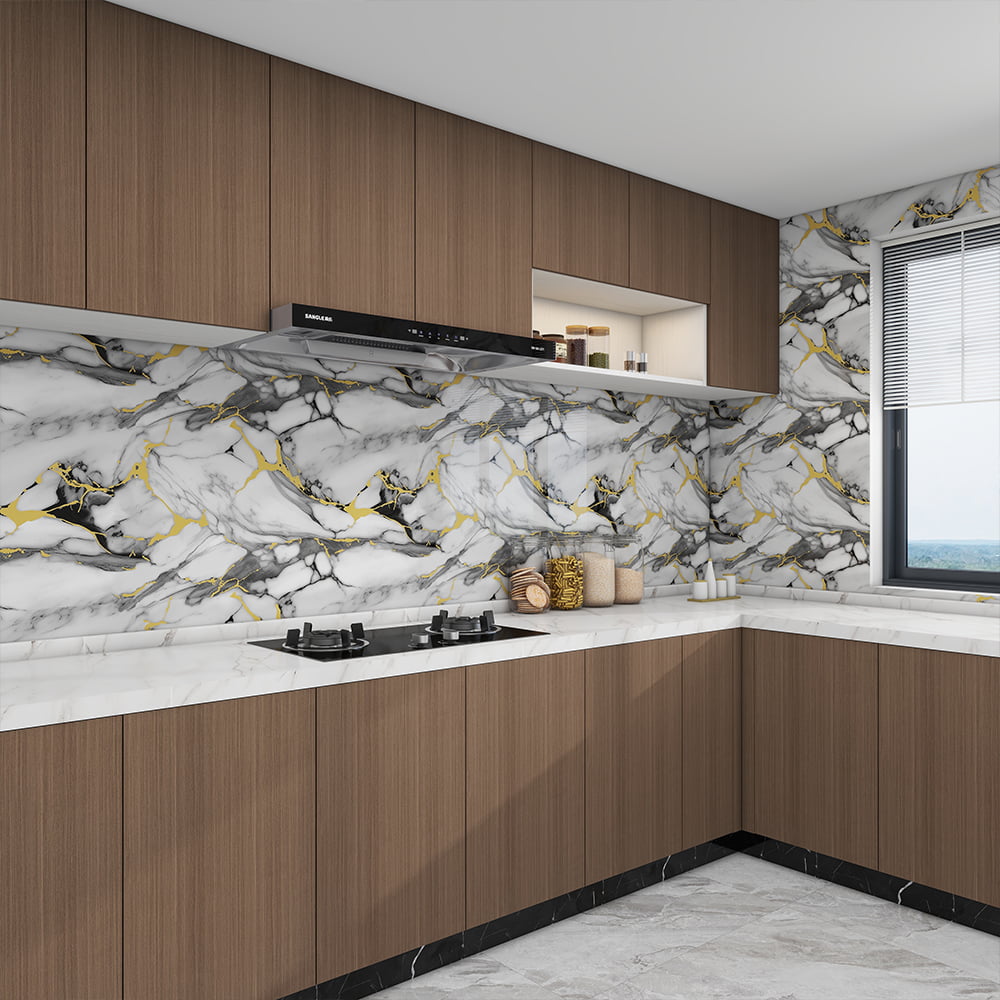 Moderne, hochglänzende Marmor-Tapetenrolle, PVC, selbstklebend, wasserdicht, für Innen- und Heimdekoration, Marmor-Blatt-Aufkleber