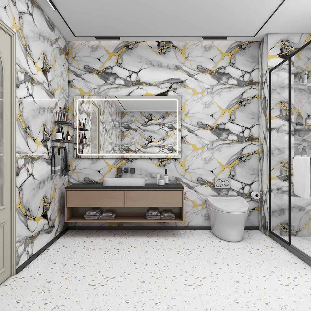 Moderne, hochglänzende Marmor-Tapetenrolle, PVC, selbstklebend, wasserdicht, für Innen- und Heimdekoration, Marmor-Blatt-Aufkleber